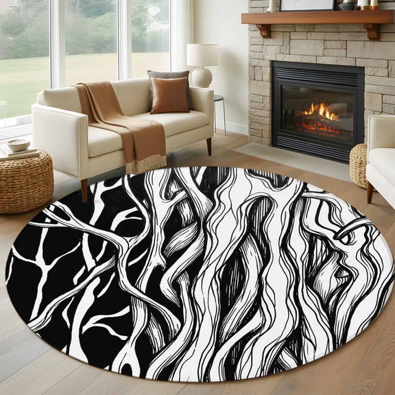 Large Round Rug 8Ft Washable Non-Slip, Black White Striped Circle Area Rugs for Living Room Bedroom, Farmhouse Stripes Modern Abstract Art Indoor Floor Mats Carpet Runner for Home Decor