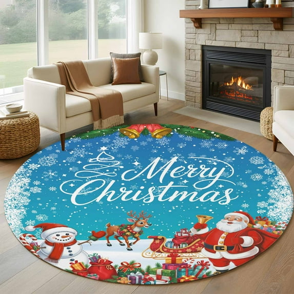 Large Round Rug 8Ft Washable Non-Slip, Blue Christmas Circle Area Rugs for Living Room Bedroom, Winter Snowman Xmas Santa Snowflake Indoor Floor Mats Carpet Runner for Home Decor