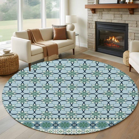 Large Round Rug 8Ft Washable Non-Slip, Blue Flowers Circle Area Rugs for Living Room Bedroom, Farmhouse Country Abstract Floral Patterned Indoor Floor Mats Carpet Runner for Home Decor