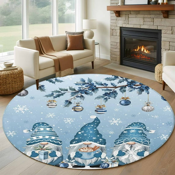 Large Round Rug 8Ft Washable Non-Slip, Blue Ombre Gnomes Christmas Circle Area Rugs for Living Room Bedroom, Xmas Balls Tree Snowflake Retro Indoor Floor Mats Carpet Runner for Home Decor