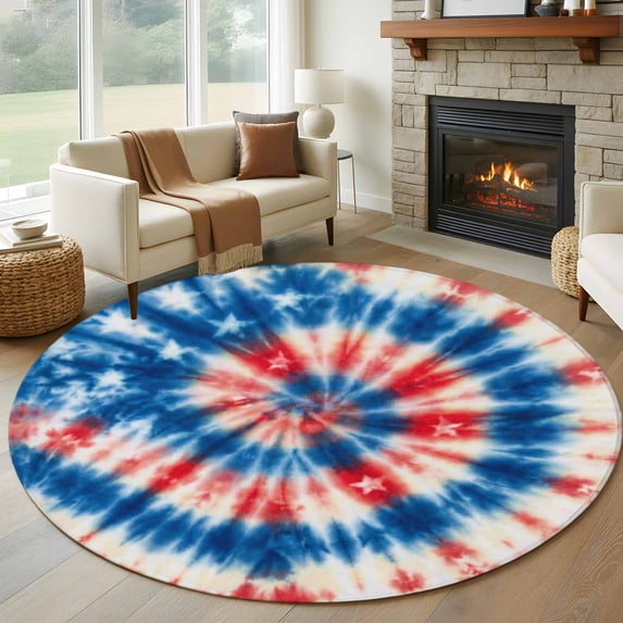 Large Round Rug 8Ft Washable Non-Slip, Blue Red American Flag Circle Area Rugs for Living Room Bedroom, Abstract Art USA Tie-dye Indoor Floor Mats Carpet Runner for Home Decor