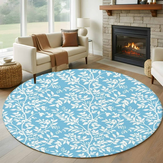 Large Round Rug 8Ft Washable Non-Slip, Blue Spring Floral Circle Area Rugs for Living Room Bedroom, Farmhouse Flowers Elegant Pastoral Indoor Floor Mats Carpet Runner for Home Decor