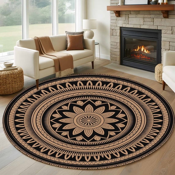 Large Round Rug 8Ft Washable Non-Slip, Brown Ethnic Flower Circle Area Rugs for Living Room Bedroom, Abstract National Boho Geometric Indoor Floor Mats Carpet Runner for Home Decor