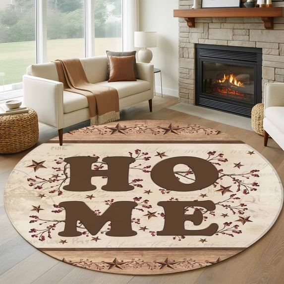 Large Round Rug 8Ft Washable Non-Slip, Country Circle Area Rugs for Living Room Bedroom, Texas Star Plants Branches Berry Farmhouse Retro Indoor Floor Mats Carpet Runner for Home Decor