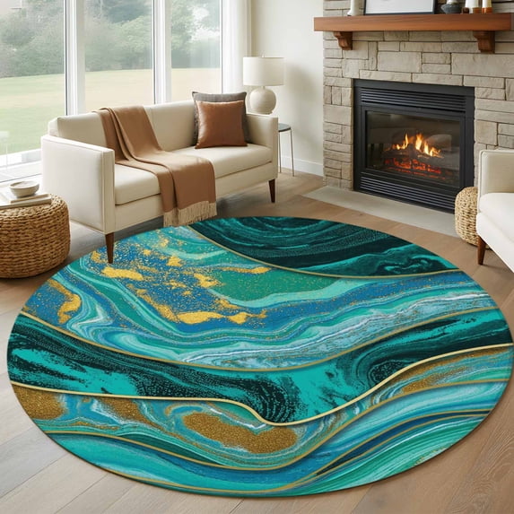 Large Round Rug 8Ft Washable Non-Slip, Dark Green Marble Circle Area Rugs for Living Room Bedroom, Modern Abstract Art Marble Fluid Indoor Floor Mats Carpet Runner for Home Decor