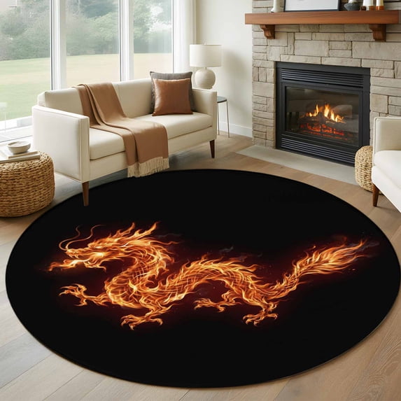 Large Round Rug 8Ft Washable Non-Slip, Dragon Flames Circle Area Rugs for Living Room Bedroom, Orange Dragons Abstract Modern Art Indoor Floor Mats Carpet Runner for Home Decor
