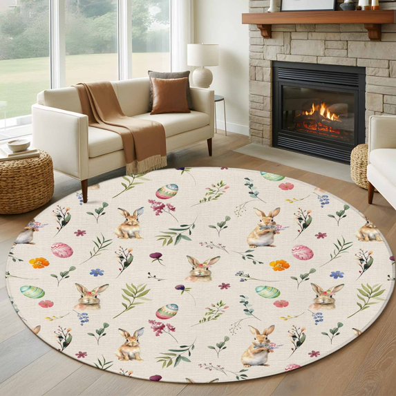 Large Round Rug 8Ft Washable Non-Slip, Easter Circle Area Rugs for Living Room Bedroom, Country Rabbits Colorful Eggs Leaves Flowers Indoor Floor Mats Carpet Runner for Home Decor