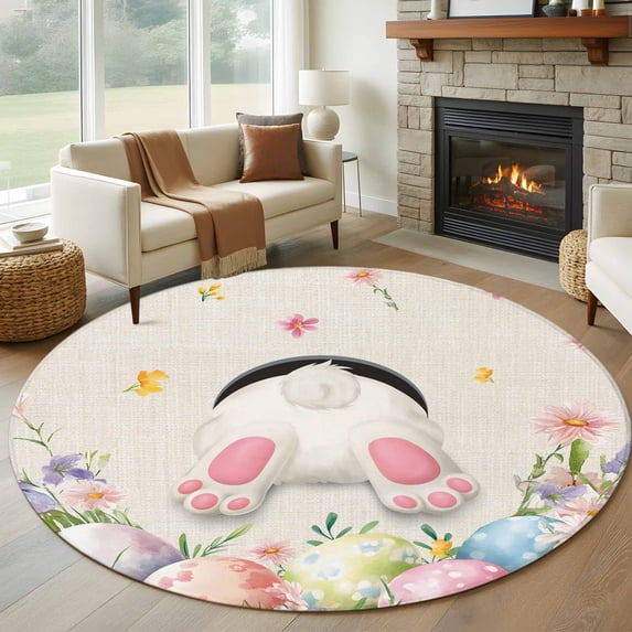Large Round Rug 8Ft Washable Non-Slip, Easter Circle Area Rugs for Living Room Bedroom, Country Spring Rabbit Feet Eggs Botanical Flowers Indoor Floor Mats Carpet Runner for Home Decor