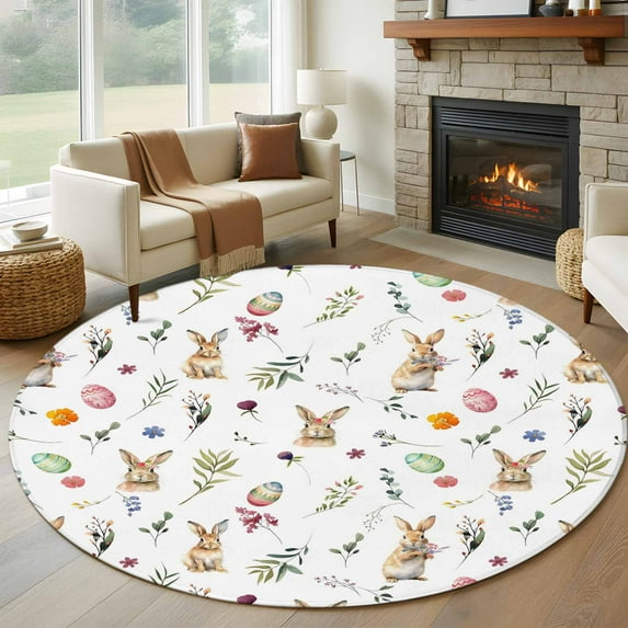 Large Round Rug 8Ft Washable Non-Slip, Easter Circle Area Rugs for Living Room Bedroom, Spring Farmhouse Rabbits Eggs Leaves Flowers Indoor Floor Mats Carpet Runner for Home Decor