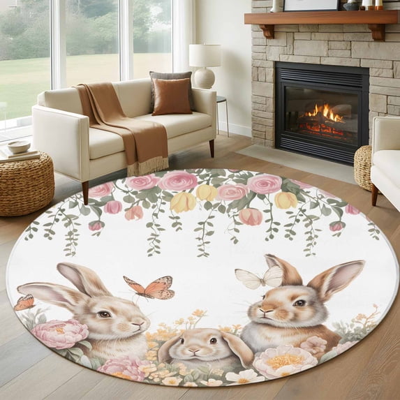 Large Round Rug 8Ft Washable Non-Slip, Easter Rabbits Circle Area Rugs for Living Room Bedroom, Watercolor Floral Cute Bunny Plants Spring Indoor Floor Mats Carpet Runner for Home Decor