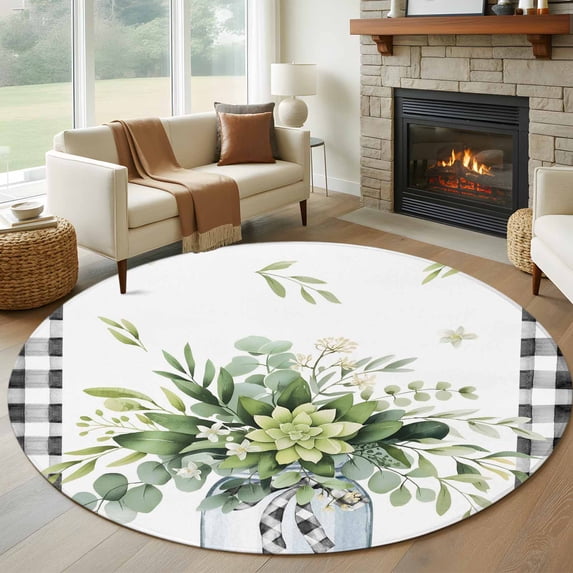 Large Round Rug 8Ft Washable Non-Slip, Eucalyptus Leaf Circle Area Rugs for Living Room Bedroom, Farmhouse Buffalo Plaid Green Botanical Indoor Floor Mats Carpet Runner for Home Decor