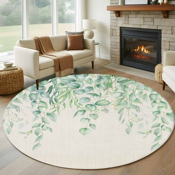 Large Round Rug 8Ft Washable Non-Slip, Eucalyptus Leaves Circle Area Rugs for Living Room Bedroom, Sage Green Summer Botanical Weeping Rustic Indoor Floor Mats Carpet Runner for Home Decor