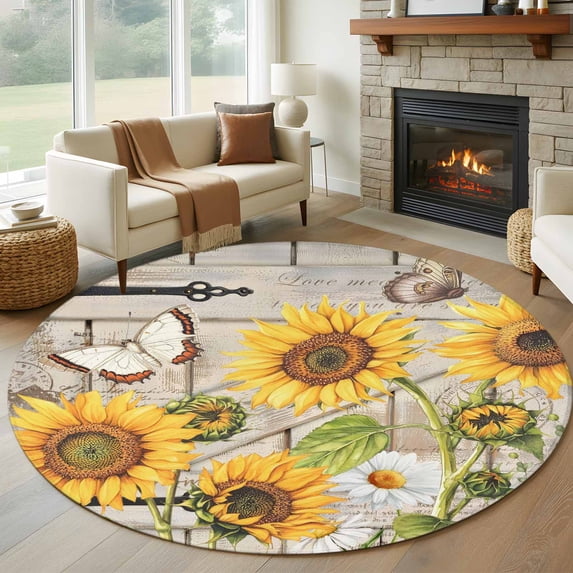 Large Round Rug 8Ft Washable Non-Slip, Farm Flowers Circle Area Rugs for Living Room Bedroom, Retro Sunflowers Barn Doors Butterfly Wood Board Indoor Floor Mats Carpet Runner for Home Decor