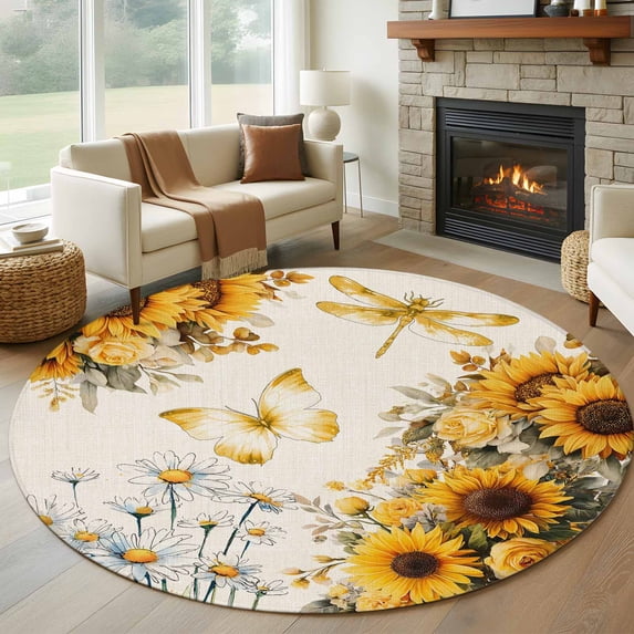 Large Round Rug 8Ft Washable Non-Slip, Farmhouse Sunflower Circle Area Rugs for Living Room Bedroom, Vintage Daisy Butterflies Rustic Burlap Indoor Floor Mats Carpet Runner for Home Decor