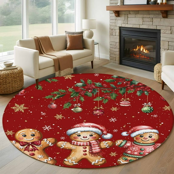 Large Round Rug 8Ft Washable Non-Slip, Gingerbread Christmas Circle Area Rugs for Living Room Bedroom, Xmas Balls Branches Red Indoor Floor Mats Carpet Runner for Home Decor