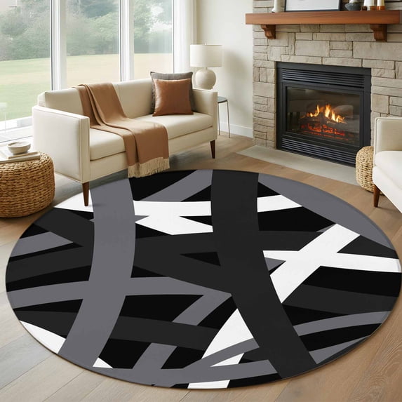Large Round Rug 8Ft Washable Non-Slip, Gray Black Geometric Circle Area Rugs for Living Room Bedroom, Modern Art Abstract Grey Line Indoor Floor Mats Carpet Runner for Home Decor
