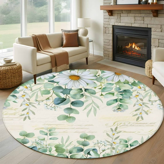 Large Round Rug 8Ft Washable Non-Slip, Green Eucalyptus Leaves Circle Area Rugs for Living Room Bedroom, Spring Daily Flowers Plants Beige Indoor Floor Mats Carpet Runner for Home Decor