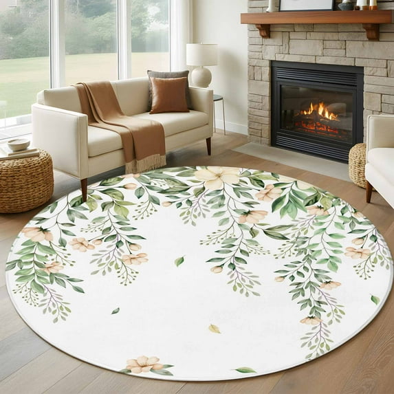Large Round Rug 8Ft Washable Non-Slip, Green Eucalyptus Leaves Circle Area Rugs for Living Room Bedroom, Spring Floral Weeping Farmhouse Indoor Floor Mats Carpet Runner for Home Decor