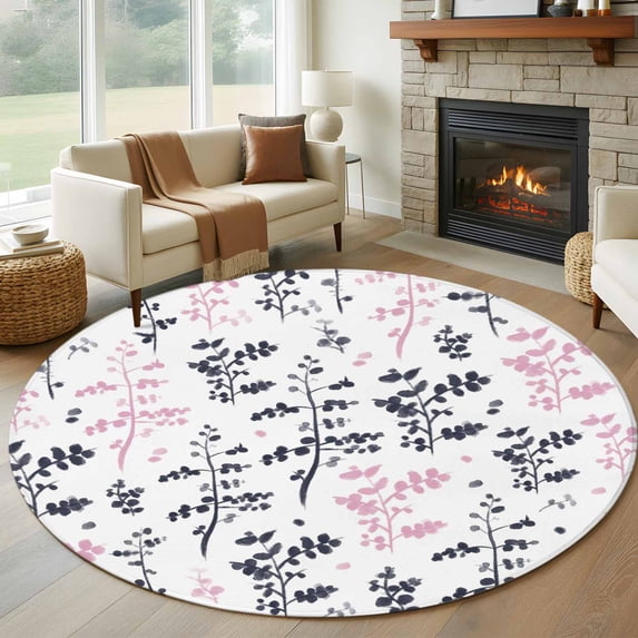 Large Round Rug 8Ft Washable Non-Slip, Grey Pink Botanical Circle Area Rugs for Living Room Bedroom, Watercolor Spring Floral Summer Leaf Indoor Floor Mats Carpet Runner for Home Decor