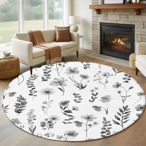 Large Round Rug 8Ft Washable Non-Slip, Grey Spring Floral Circle Area Rugs for Living Room Bedroom, Flowers Botanical Elegant Pastoral Indoor Floor Mats Carpet Runner for Home Decor