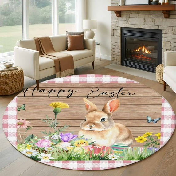 Large Round Rug 8Ft Washable Non-Slip, Happy Easter Bunny Circle Area Rugs for Living Room Bedroom, Spring Floral Wooden Pink Plaid Indoor Floor Mats Carpet Runner for Home Decor