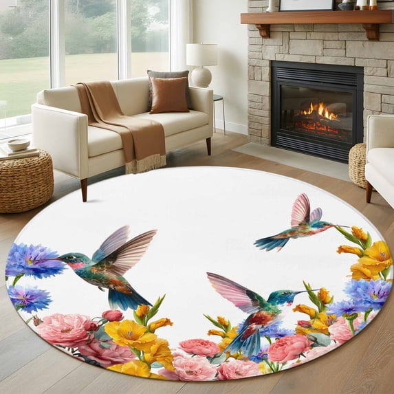 Large Round Rug 8Ft Washable Non-Slip, Hummingbirds Circle Area Rugs for Living Room Bedroom, Spring Summer Watercolor Flowers Plant Indoor Floor Mats Carpet Runner for Home Decor