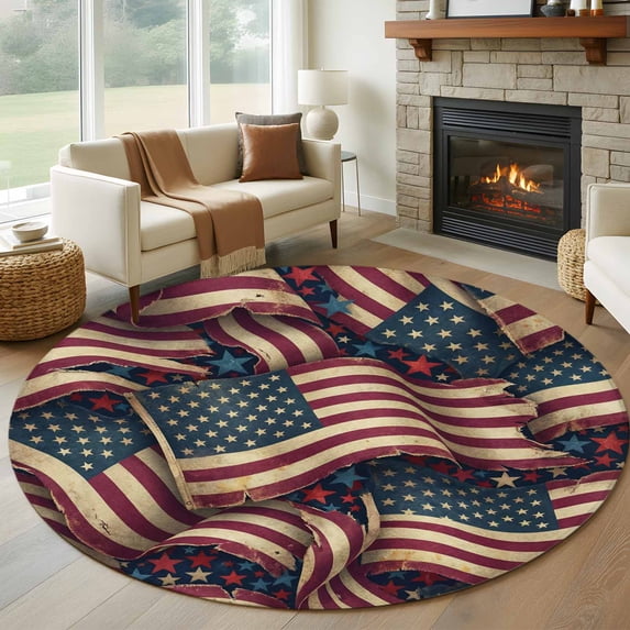 Large Round Rug 8Ft Washable Non-Slip, Independence Day Circle Area Rugs for Living Room Bedroom, Red Blue USA Flag Retro Patriotic Stars Stripes Indoor Floor Mats Carpet Runner for Home Decor