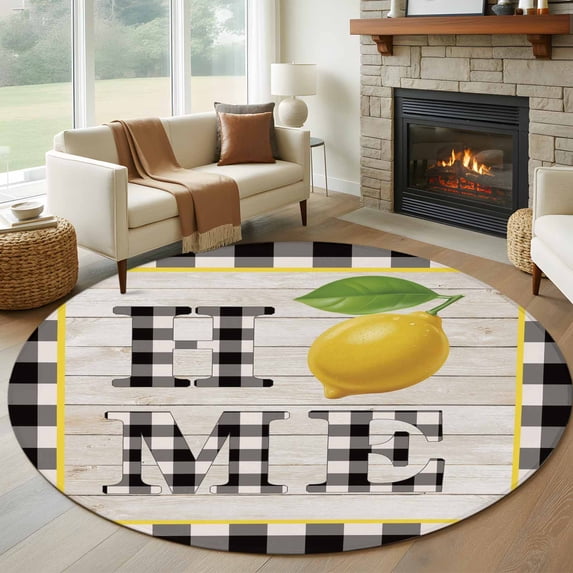 Large Round Rug 8Ft Washable Non-Slip, Lemon Circle Area Rugs for Living Room Bedroom, Summer Botanical Black White Plaid Pastoral Wooden Indoor Floor Mats Carpet Runner for Home Decor