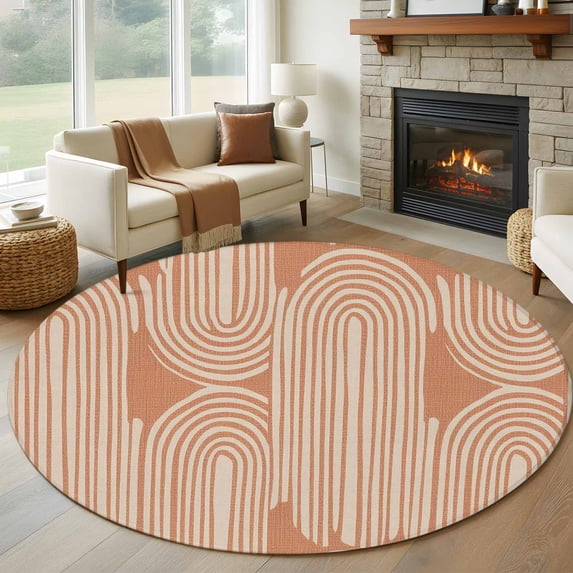 Large Round Rug 8Ft Washable Non-Slip, Line Texture Circle Area Rugs for Living Room Bedroom, Orange Abstract Art Retro Indoor Floor Mats Carpet Runner for Home Decor