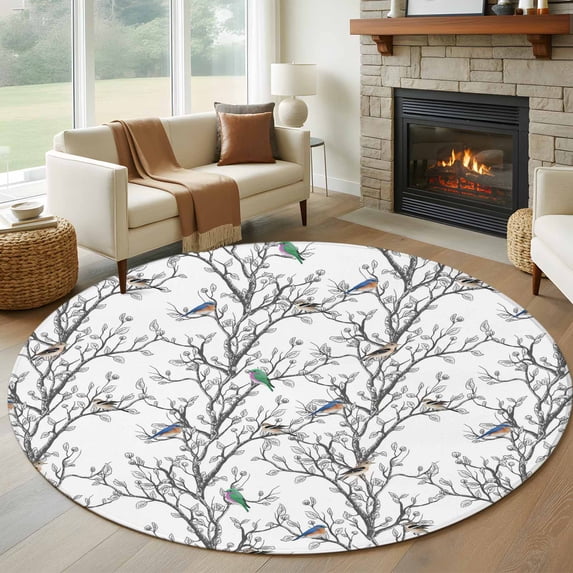 Large Round Rug 8Ft Washable Non-Slip, Natural Trees Branches Circle Area Rugs for Living Room Bedroom, Colored Birds Vintage Rustic Indoor Floor Mats Carpet Runner for Home Decor