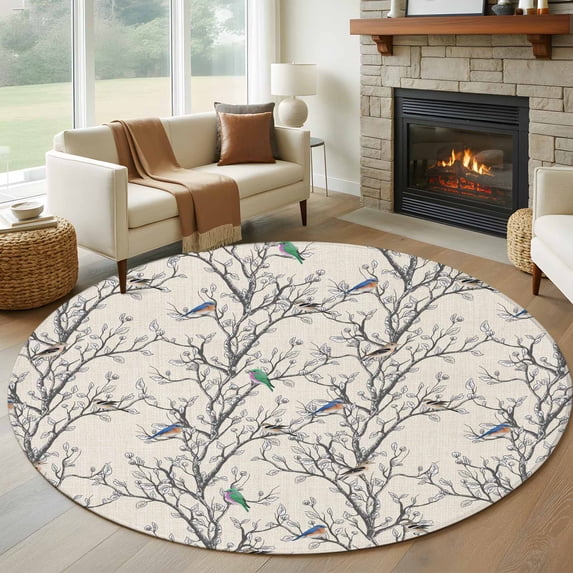 Large Round Rug 8Ft Washable Non-Slip, Natural Trees Circle Area Rugs for Living Room Bedroom, Colored Birds on Branches Retro Rustic Indoor Floor Mats Carpet Runner for Home Decor