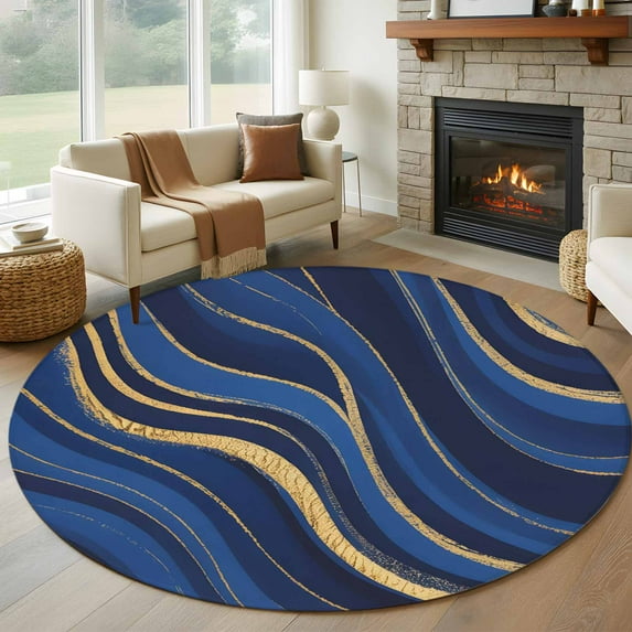 Large Round Rug 8Ft Washable Non-Slip, Navy Blue Moire Circle Area Rugs for Living Room Bedroom, Modern Abstract Art Indoor Floor Mats Carpet Runner for Home Decor
