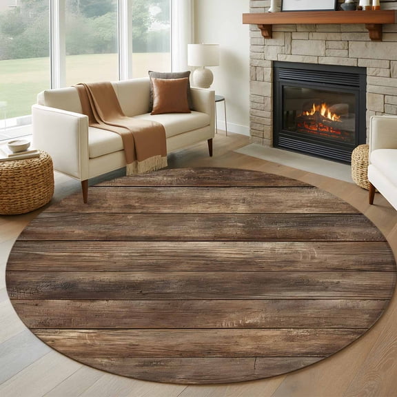 Large Round Rug 8Ft Washable Non-Slip, Old Wooden Board Circle Area Rugs for Living Room Bedroom, Country Farmhouse Wooden Planks Brown Indoor Floor Mats Carpet Runner for Home Decor