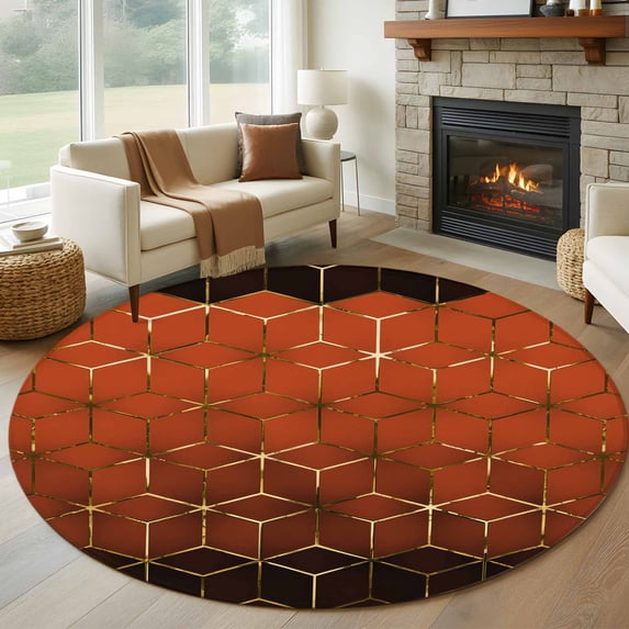 Large Round Rug 8Ft Washable Non-Slip, Orange Geometric Circle Area Rugs for Living Room Bedroom, Ombre Modern Abstract Art Indoor Floor Mats Carpet Runner for Home Decor