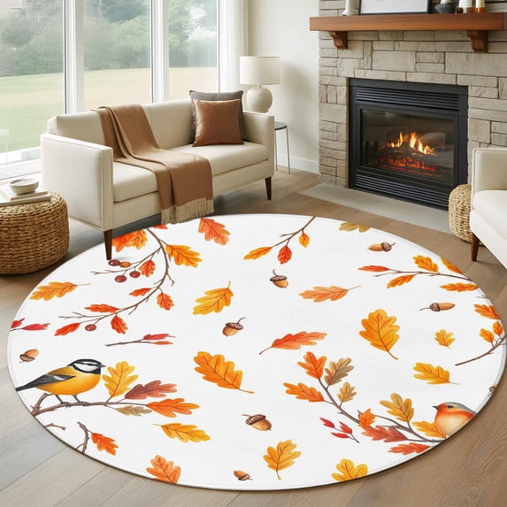 Large Round Rug 8Ft Washable Non-Slip, Orange Leaves Fall Circle Area Rugs for Living Room Bedroom, Branches Birds Pine Cones Indoor Floor Mats Carpet Runner for Home Decor