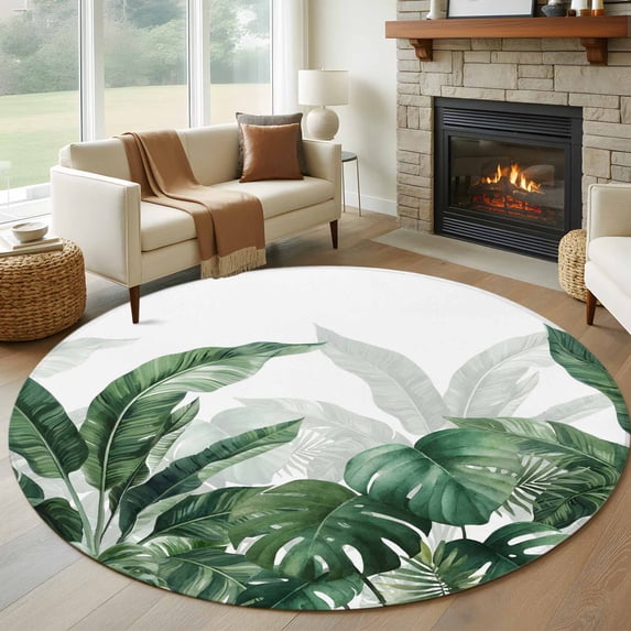 Large Round Rug 8Ft Washable Non-Slip, Palm Leaves Tropical Circle Area Rugs for Living Room Bedroom, Green Botanical Summer Indoor Floor Mats Carpet Runner for Home Decor