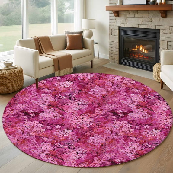 Large Round Rug 8Ft Washable Non-Slip, Pink Cherry Blossom Circle Area Rugs for Living Room Bedroom, Spring Flowers Modern Abstract Art Indoor Floor Mats Carpet Runner for Home Decor