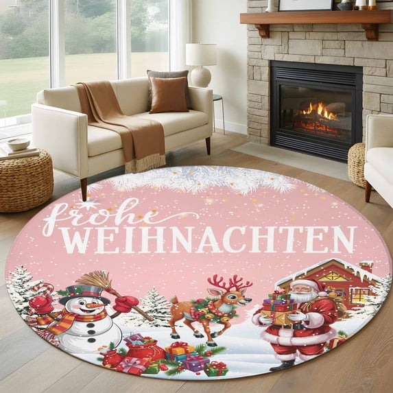 Large Round Rug 8Ft Washable Non-Slip, Pink Christmas Circle Area Rugs for Living Room Bedroom, Santa Snowman Snowflake Gifts Elk Indoor Floor Mats Carpet Runner for Home Decor