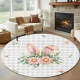 thumbnail image 1 of Large Round Rug 8Ft Washable Non-Slip, Pink Floral Easter Circle Area Rugs for Living Room Bedroom, Spring Flowers Grey Checkered Indoor Floor Mats Carpet Runner for Home Decor, 1 of 8