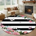 thumbnail image 1 of Large Round Rug 8Ft Washable Non-Slip, Pink Flowers Circle Area Rugs for Living Room Bedroom, Spring Floral Butterflies Black White Striped Farmhouse Indoor Floor Mats Carpet Runner for Home Decor, 1 of 8