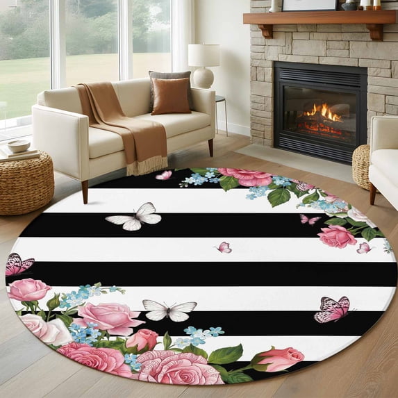 Large Round Rug 8Ft Washable Non-Slip, Pink Flowers Circle Area Rugs for Living Room Bedroom, Spring Floral Butterflies Black White Striped Farmhouse Indoor Floor Mats Carpet Runner for Home Decor