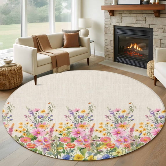 Large Round Rug 8Ft Washable Non-Slip, Pink Flowers Circle Area Rugs for Living Room Bedroom, Spring Floral Daisy Vintage Pastoral Botanical Indoor Floor Mats Carpet Runner for Home Decor