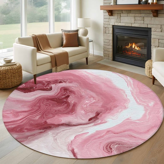 Large Round Rug 8Ft Washable Non-Slip, Pink Marble Circle Area Rugs for Living Room Bedroom, Summer Ocean Wave Red Ombre Indoor Floor Mats Carpet Runner for Home Decor