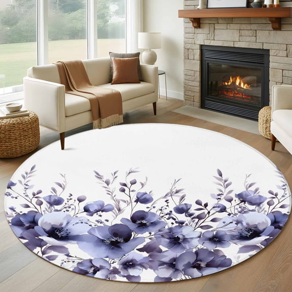 Large Round Rug 8Ft Washable Non-Slip, Purple Blooms Floral Circle Area Rugs for Living Room Bedroom, Farmhouse Spring Flowers Botanical Indoor Floor Mats Carpet Runner for Home Decor