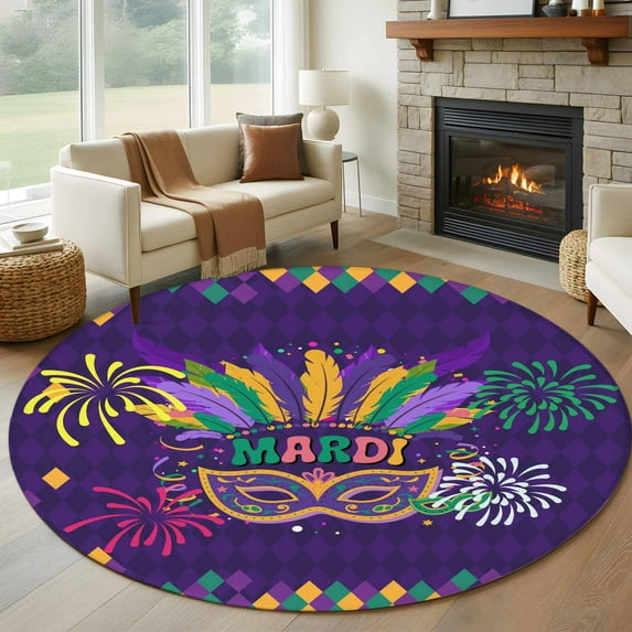 Large Round Rug 8Ft Washable Non-Slip, Purple Carnival Circle Area Rugs for Living Room Bedroom, Modern Geometric Feathers Ethnic Indoor Floor Mats Carpet Runner for Home Decor