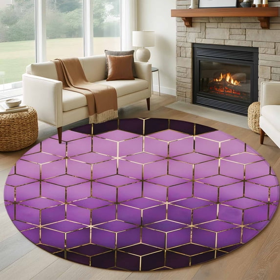 Large Round Rug 8Ft Washable Non-Slip, Purple Geometric Circle Area Rugs for Living Room Bedroom, Ombre Modern Abstract Art Indoor Floor Mats Carpet Runner for Home Decor