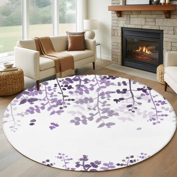 Large Round Rug 8Ft Washable Non-Slip, Purple Leaves Circle Area Rugs for Living Room Bedroom, Summer Botanical Indoor Floor Mats Carpet Runner for Home Decor