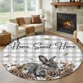 thumbnail image 1 of Large Round Rug 8Ft Washable Non-Slip, Rabbits Pine Cone Circle Area Rugs for Living Room Bedroom, Sweet Home Texture Grey Plaid Farmhouse Indoor Floor Mats Carpet Runner for Home Decor, 1 of 8