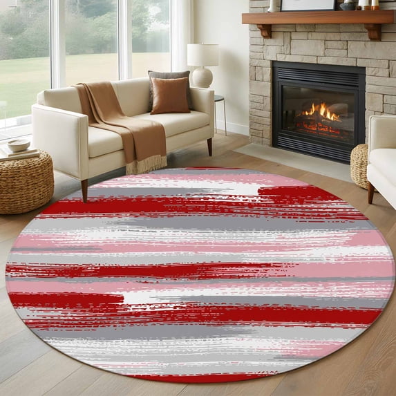 Large Round Rug 8Ft Washable Non-Slip, Red Pink Gray Stripes Circle Area Rugs for Living Room Bedroom, Modern Abstract Minimalist Retro Indoor Floor Mats Carpet Runner for Home Decor