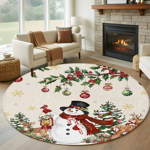 Large Round Rug 8Ft Washable Non-Slip, Rustic Christmas Snowman Circle Area Rugs for Living Room Bedroom, Xmas Snowflake Elk Tree Balls Indoor Floor Mats Carpet Runner for Home Decor